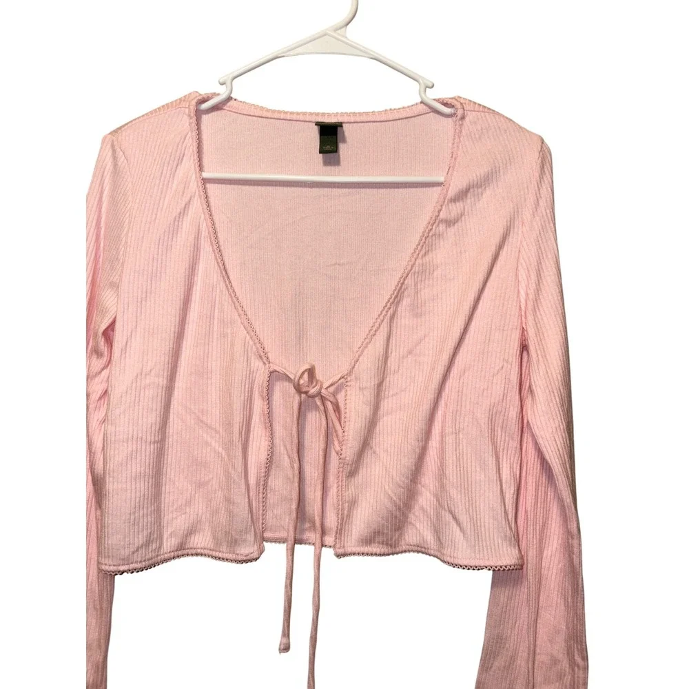 Wild Fable‎ Light Pink Ribbed Tie-Front Cropped Cardigan Long Sleeve Top Medium